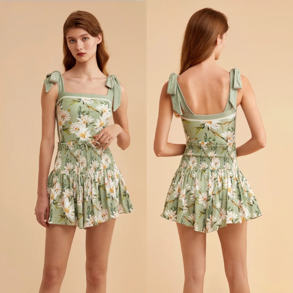 Retro Pale Green Floral Shirred High Waist Drawstring Beach Skirt - Picture 4 of 16